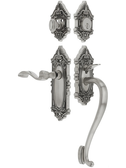 Grandeur Grande Victorian Thumblatch Entrance Set With Portofino Lever - Right-Handed in Antique Pewter.